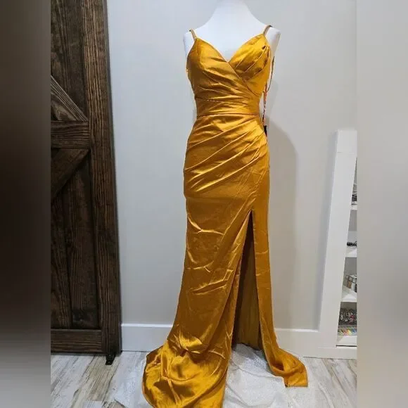 Mac Duggal 26585 Satin Sleeveless Faux Wrap Ruched Gown NWT sz 0 Marigold/Yellow - Picture 4 of 6